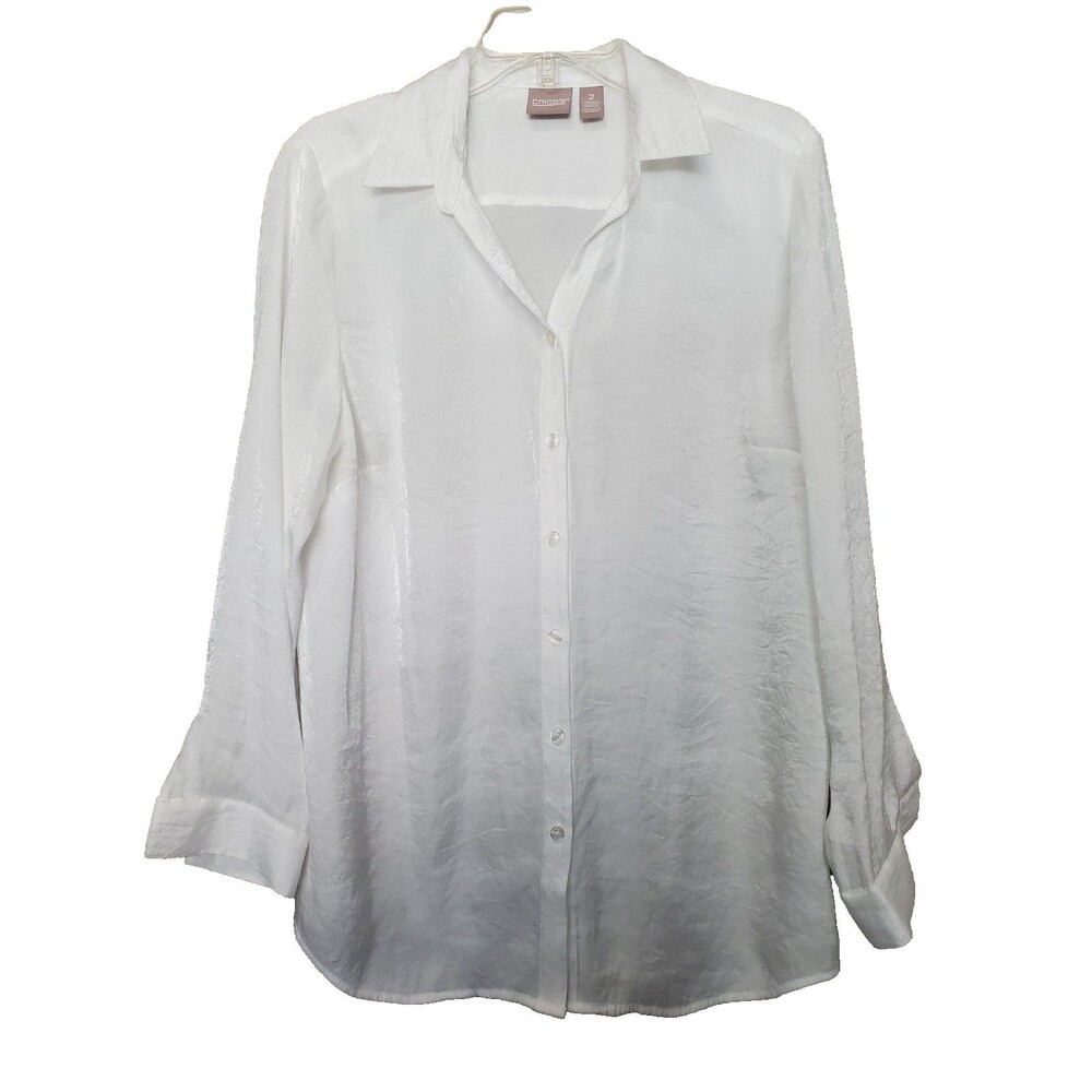 Chico's White Shimmer Long Sleeve Button-Up Shirt Size 2 Large